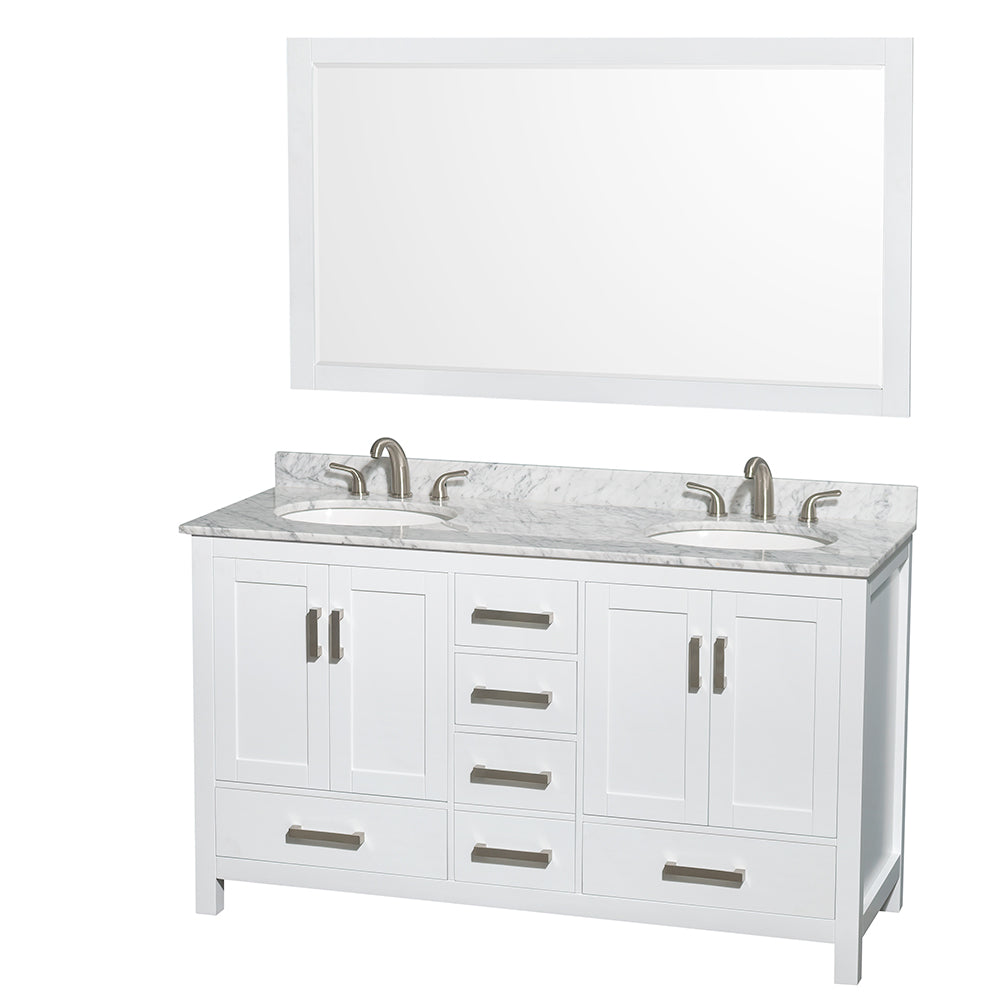 Sheffield 60 inch Double Bathroom Vanity in White, White Carrara Marble Countertop, Undermount Oval Sinks, and 58 inch Mirror