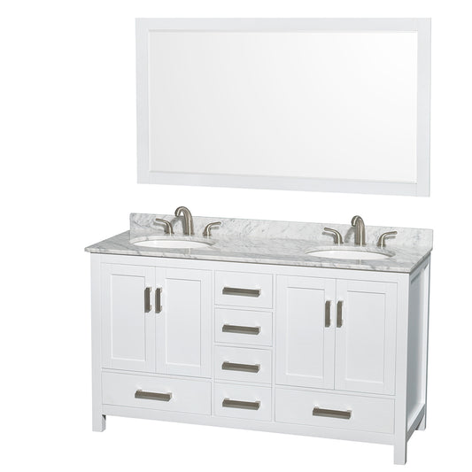 Sheffield 60" Double Vanity in White, Top, Oval Sinks, 58" Mirror