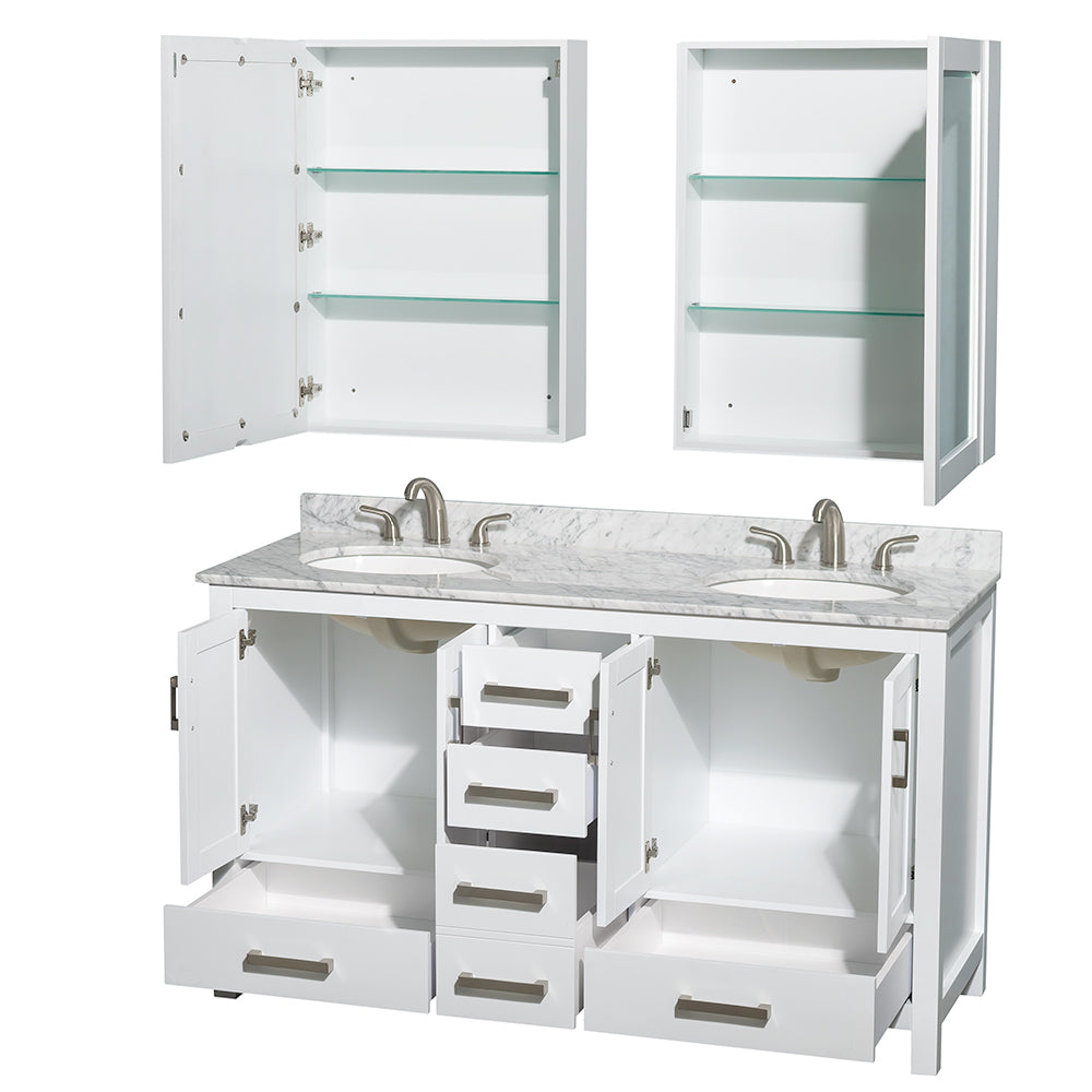 Sheffield 60" Double Vanity in White, Top, Oval Sinks, Medicine Cabinets