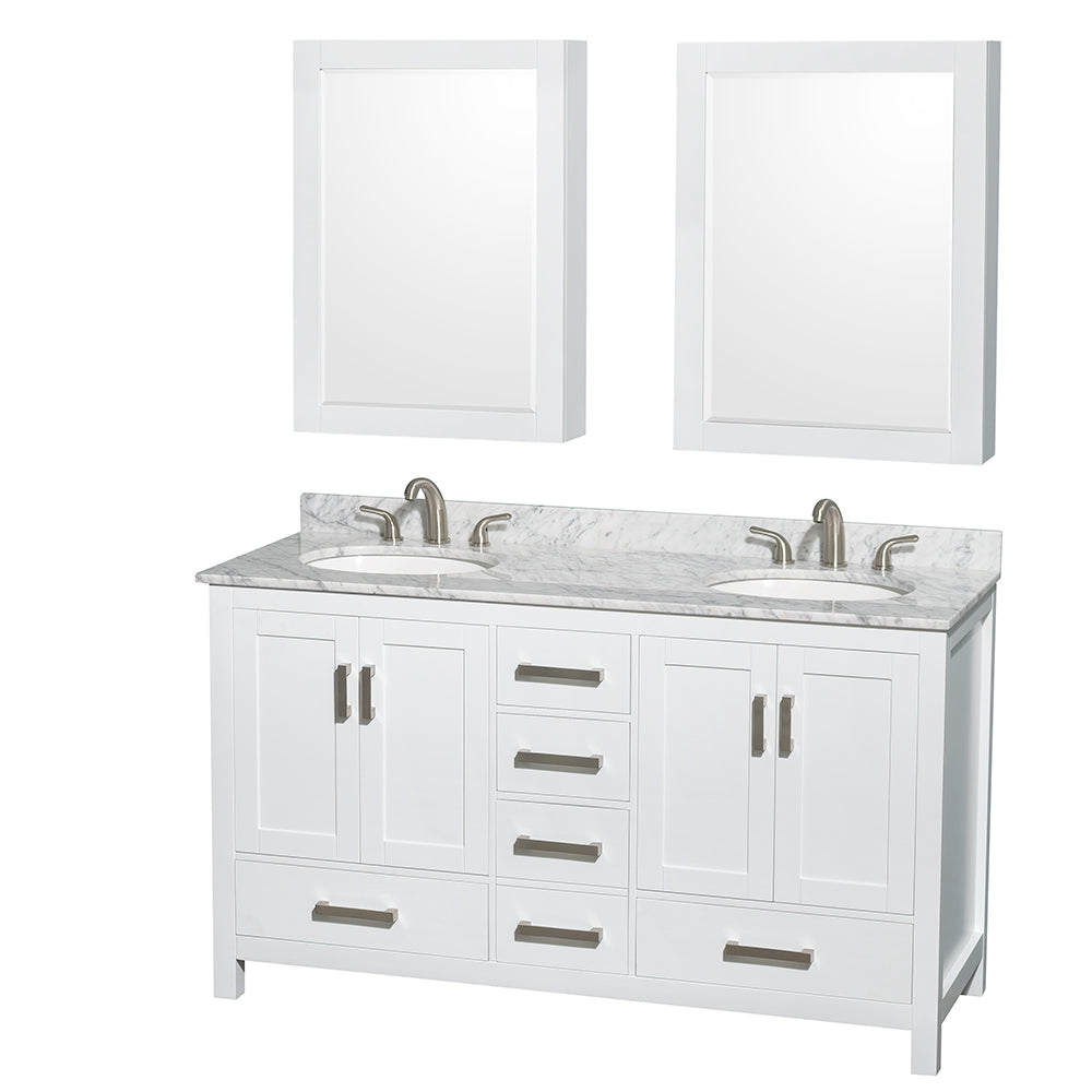 Sheffield 60 inch Double Bathroom Vanity in White, White Carrara Marble Countertop, Undermount Oval Sinks, and Medicine Cabinets