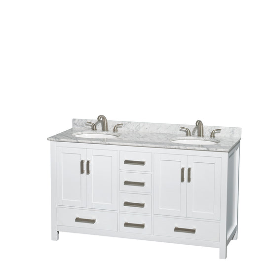 Sheffield 60 inch Double Bathroom Vanity in White, White Carrara Marble Countertop, Undermount Oval Sinks, and No Mirror