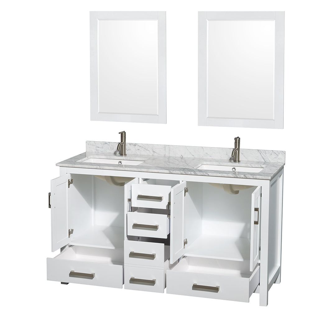 Sheffield 60" Double Vanity in White, Top, Square Sinks, 24" Mirrors