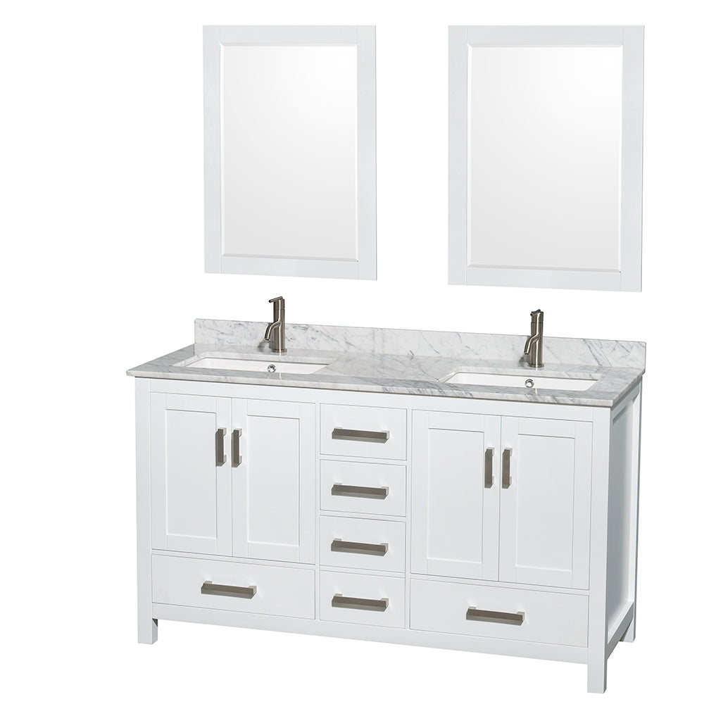 Sheffield 60 inch Double Bathroom Vanity in White, White Carrara Marble Countertop, Undermount Square Sinks, and 24 inch Mirrors