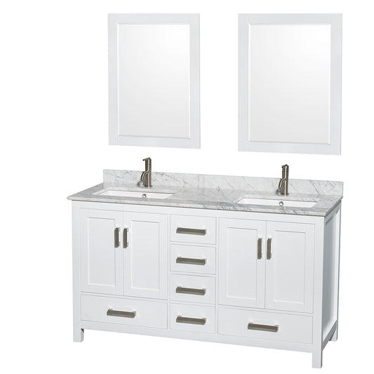 Sheffield 60" Double Vanity in White, Top, Square Sinks, 24" Mirrors