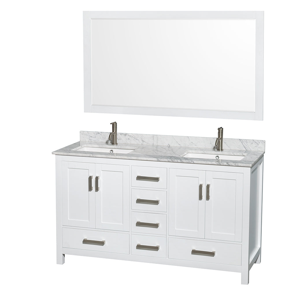 Sheffield 60 inch Double Bathroom Vanity in White, White Carrara Marble Countertop, Undermount Square Sinks, and 58 inch Mirror