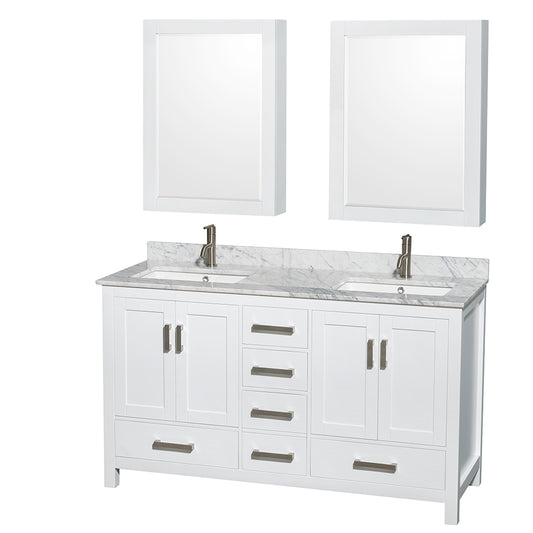 Sheffield 60 inch Double Bathroom Vanity in White, White Carrara Marble Countertop, Undermount Square Sinks, and Medicine Cabinets