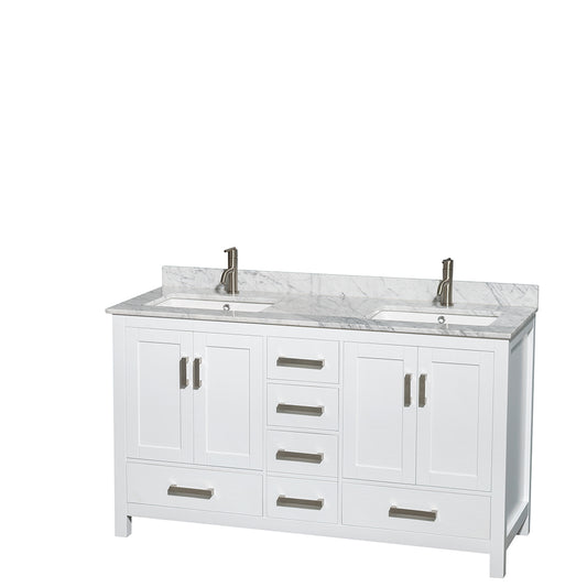 Sheffield 60 inch Double Bathroom Vanity in White, White Carrara Marble Countertop, Undermount Square Sinks, and No Mirror