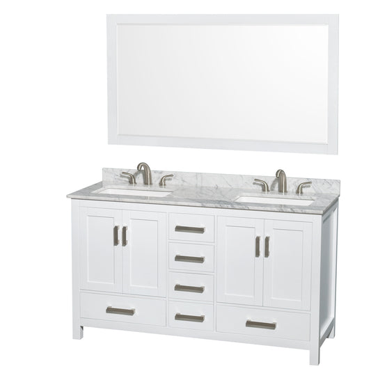 Sheffield 60" Double Vanity in White, Top, Undermount 3-Hole Sinks, 58" Mirror