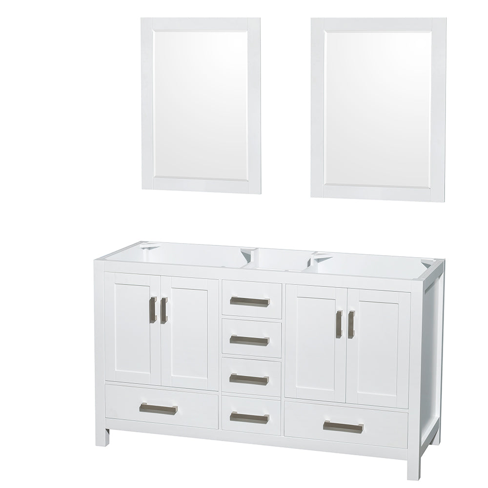Sheffield 60" Double Vanity in White, No Top, No Sinks, 24" Mirrors