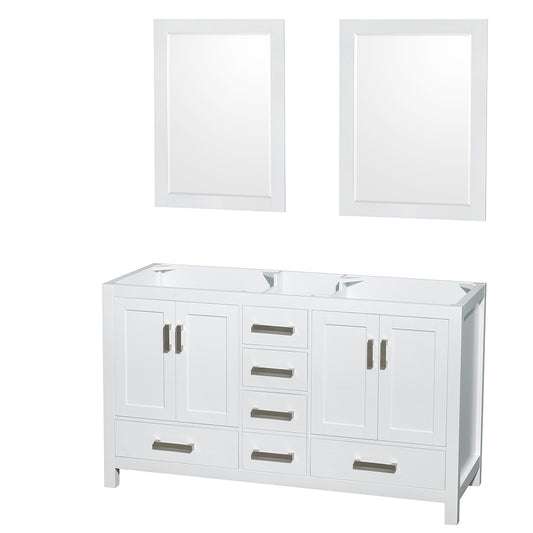 Sheffield 60" Double Vanity in White, No Top, No Sinks, 24" Mirrors