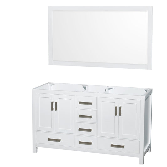 Sheffield 60" Double Vanity in White, No Top, No Sinks, 58" Mirror