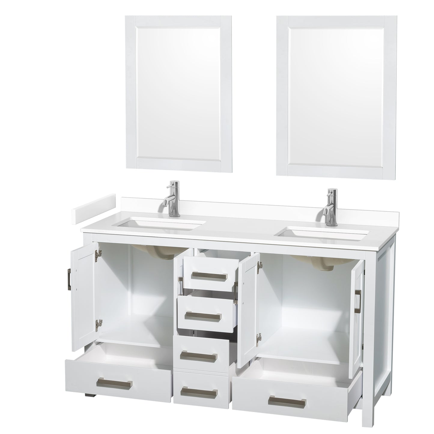 Sheffield 60" Double Vanity in White, White Marble Top, Square 24" Mirrors
