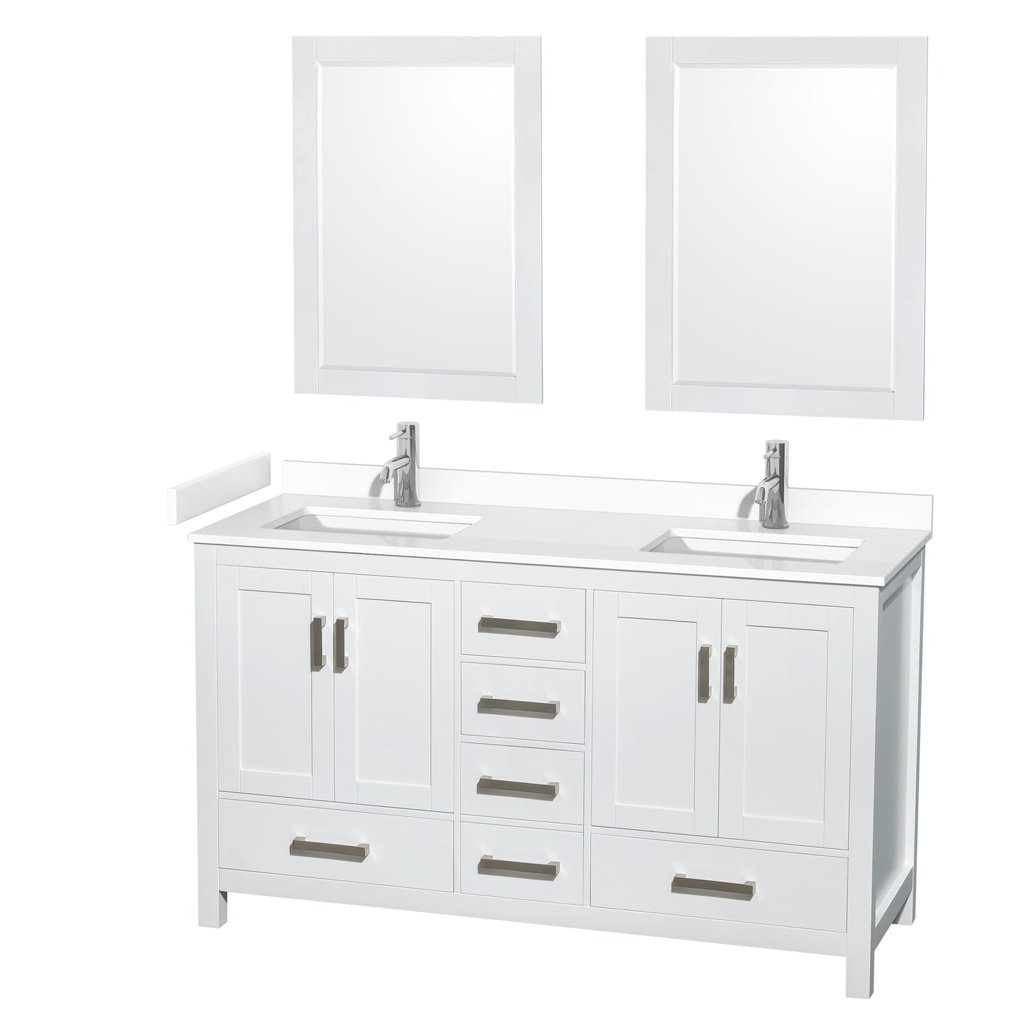 Sheffield 60" Double Vanity in White, White Marble Top, Square 24" Mirrors
