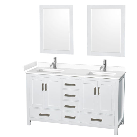 Sheffield 60" Double Vanity in White, White Marble Top, Square 24" Mirrors