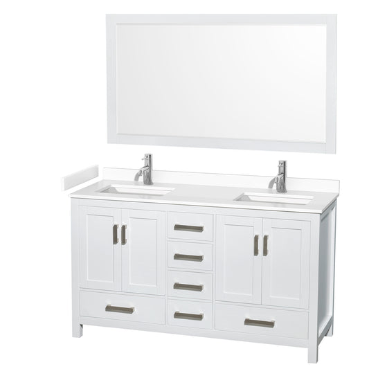 Sheffield 60" Double Vanity in White, White Marble Top, Square 58" Mirror