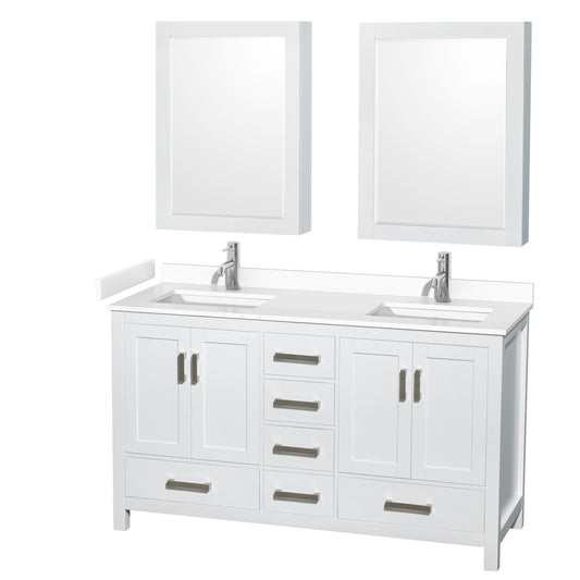 Sheffield 60" Double Vanity in White, White Marble Top, Square Medicine Cabinets