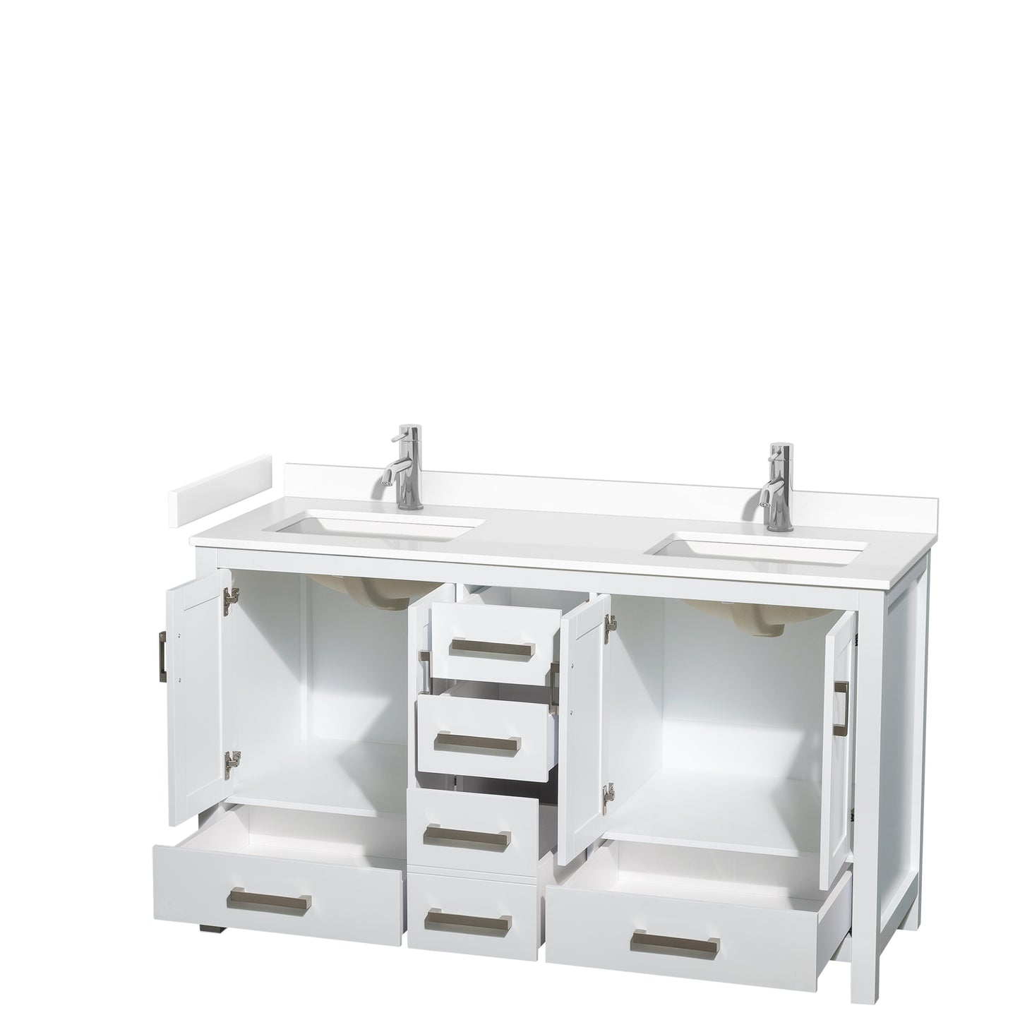 Sheffield 60" Double Vanity in White, White Marble Top, Square No Mirror