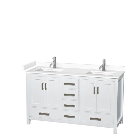 Sheffield 60" Double Vanity in White, White Marble Top, Square No Mirror