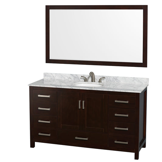 Sheffield 60 inch Single Bathroom Vanity in Espresso, White Carrara Marble Countertop, Undermount Oval Sink, and 58 inch Mirror