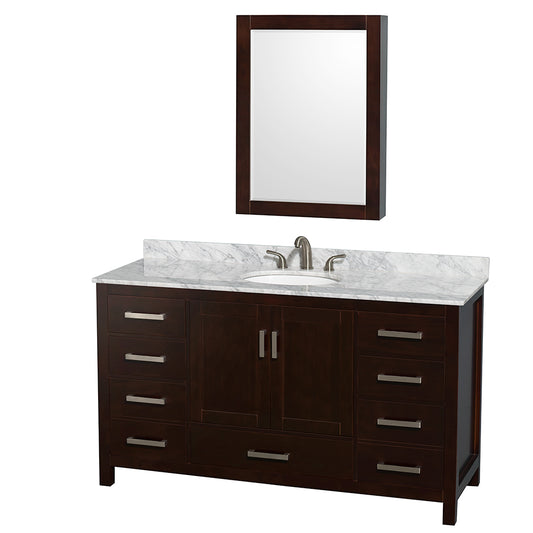 Sheffield 60 inch Single Bathroom Vanity in Espresso, White Carrara Marble Countertop, Undermount Oval Sink, and Medicine Cabinet