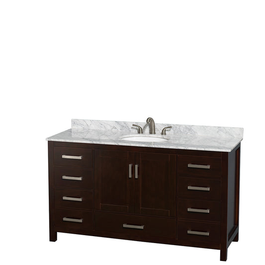 Sheffield 60 inch Single Bathroom Vanity in Espresso, White Carrara Marble Countertop, Undermount Oval Sink, and No Mirror