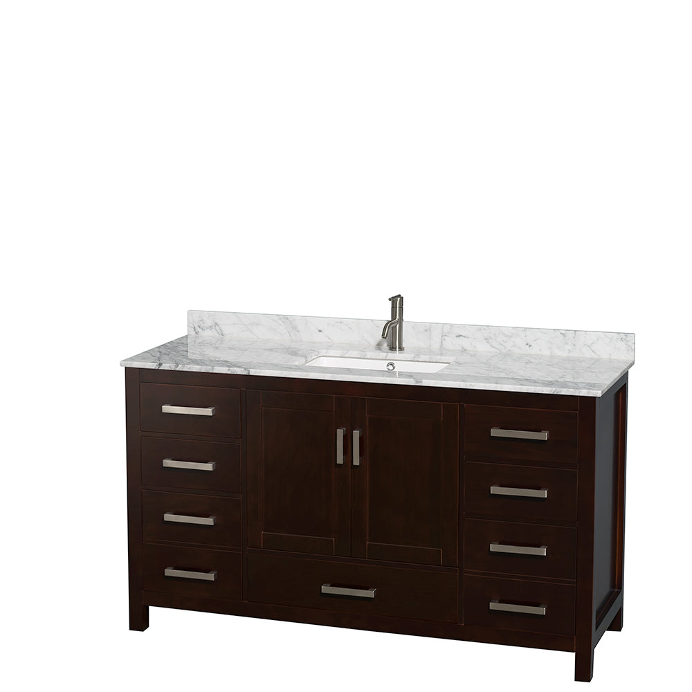 Sheffield 60 inch Single Bathroom Vanity in Espresso, White Carrara Marble Countertop, Undermount Square Sink, and No Mirror