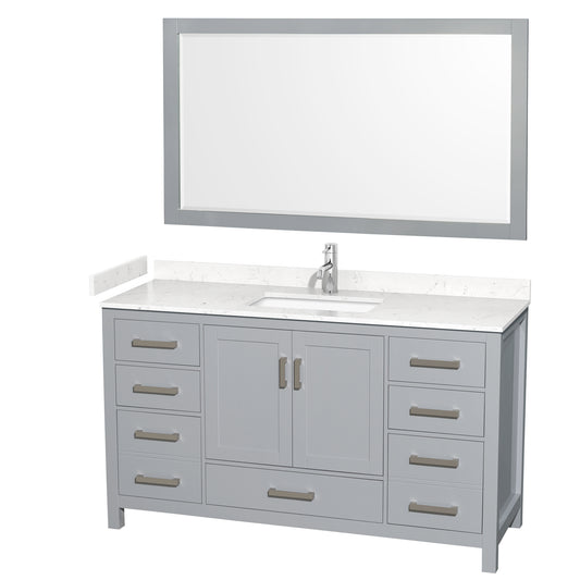 Sheffield 60" Single Vanity in Gray, Carrara Marble Top, Square 58" Mirror