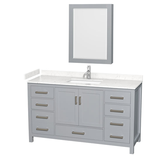 Sheffield 60" Single Vanity in Gray, Carrara Marble Top, Square Medicine Cabinet