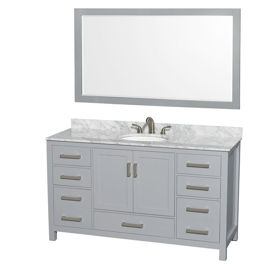 Sheffield 60 inch Single Bathroom Vanity in Gray, White Carrara Marble Countertop, Undermount Oval Sink, and 58 inch Mirror