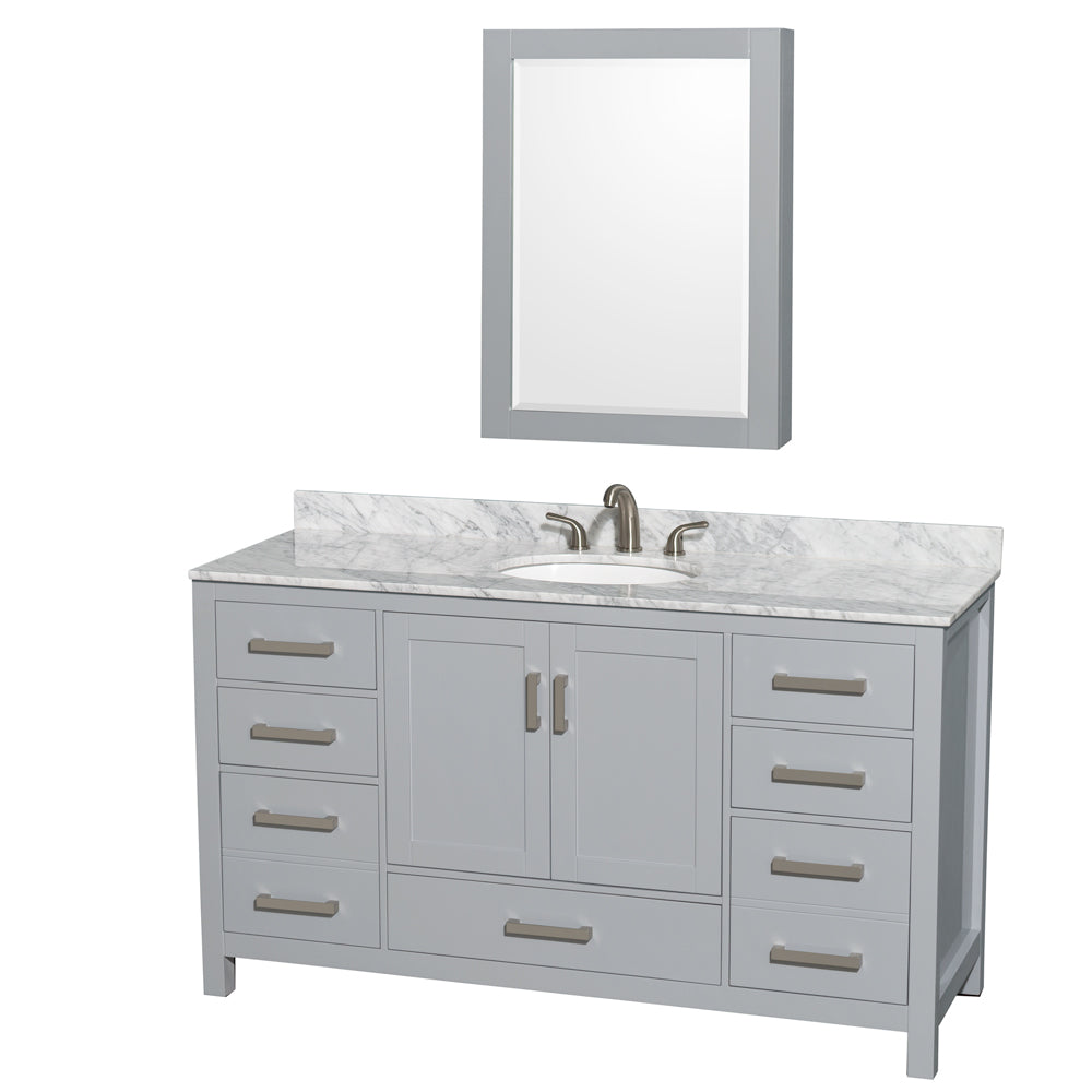 Sheffield 60 inch Single Bathroom Vanity in Gray, White Carrara Marble Countertop, Undermount Oval Sink, and Medicine Cabinet