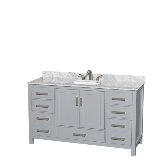 Sheffield 60 inch Single Bathroom Vanity in Gray, White Carrara Marble Countertop, Undermount Oval Sink, and No Mirror