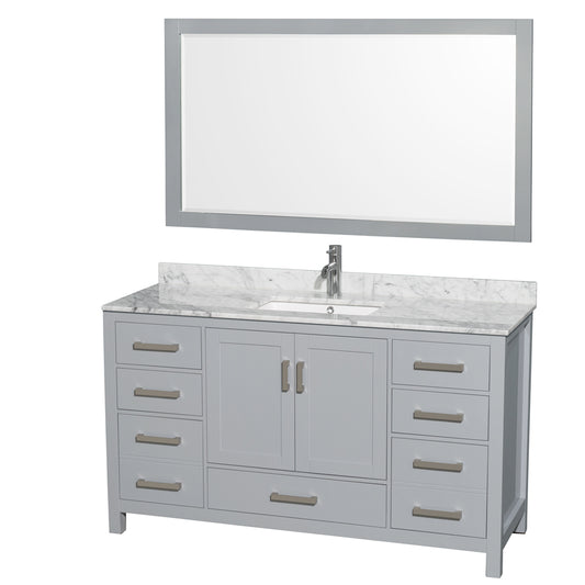 Sheffield 60 inch Single Bathroom Vanity in Gray, White Carrara Marble Countertop, Undermount Square Sink, and 58 inch Mirror