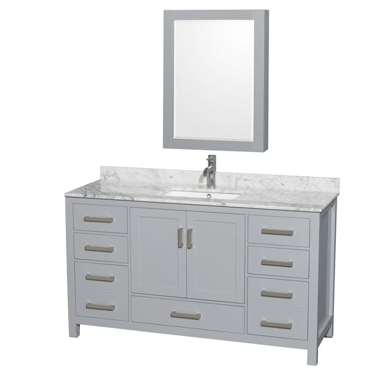 Sheffield 60 inch Single Bathroom Vanity in Gray, White Carrara Marble Countertop, Undermount Square Sink, and Medicine Cabinet