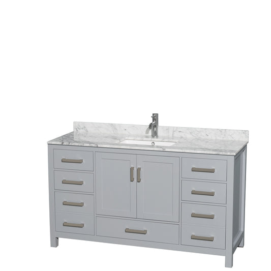 Sheffield 60 inch Single Bathroom Vanity in Gray, White Carrara Marble Countertop, Undermount Square Sink, and No Mirror