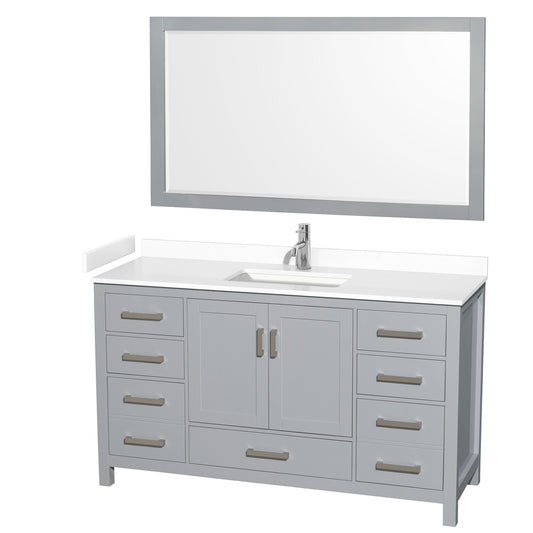 Sheffield 60" Single Vanity in Gray, White Marble Top, Square 58" Mirror