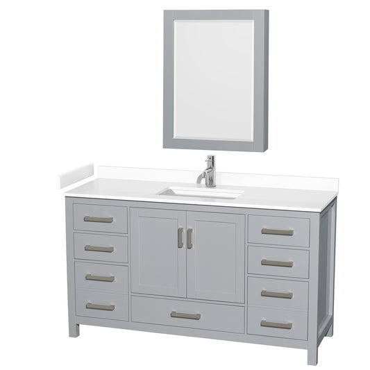 Sheffield 60" Single Vanity in Gray, White Marble Top, Square Medicine Cabinet