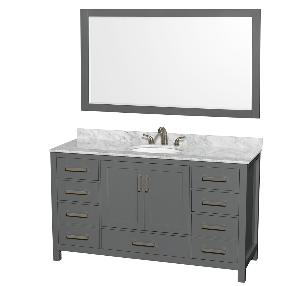 Sheffield 60 inch Single Bathroom Vanity in Dark Gray, White Carrara Marble Countertop, Undermount Oval Sink, and 58 inch Mirror