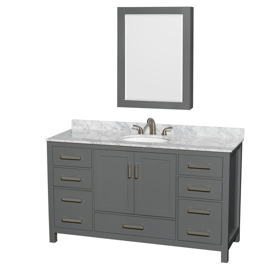 Sheffield 60 inch Single Bathroom Vanity in Dark Gray, White Carrara Marble Countertop, Undermount Oval Sink, and Medicine Cabinet