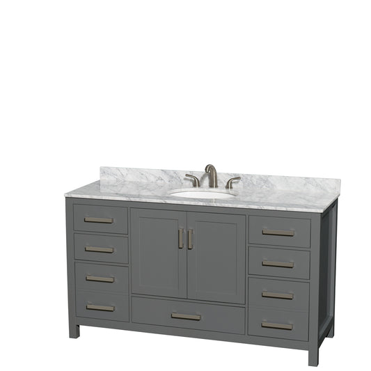 Sheffield 60 inch Single Bathroom Vanity in Dark Gray, White Carrara Marble Countertop, Undermount Oval Sink, and No Mirror