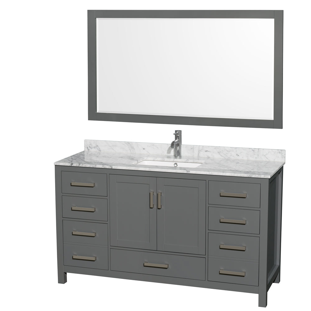 Sheffield 60 inch Single Bathroom Vanity in Dark Gray, White Carrara Marble Countertop, Undermount Square Sink, and 58 inch Mirror