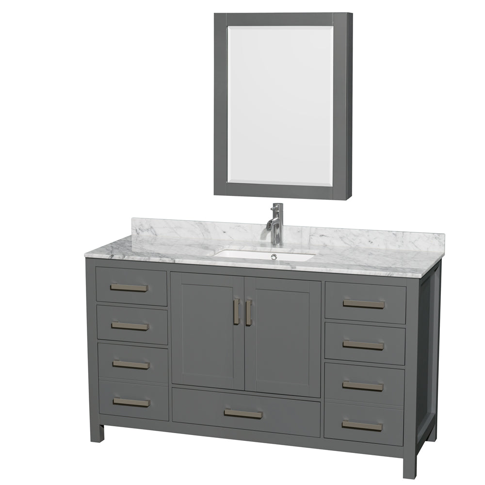 Sheffield 60 inch Single Bathroom Vanity in Dark Gray, White Carrara Marble Countertop, Undermount Square Sink, and Medicine Cabinet