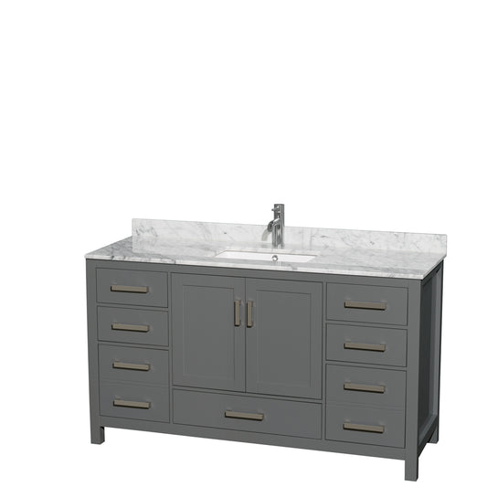 Sheffield 60 inch Single Bathroom Vanity in Dark Gray, White Carrara Marble Countertop, Undermount Square Sink, and No Mirror