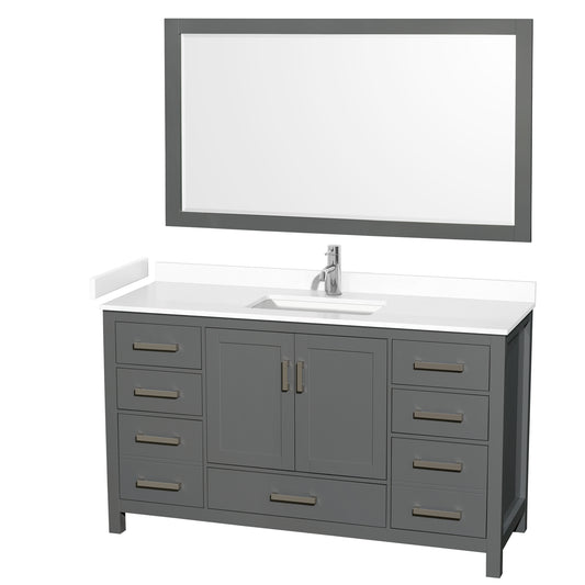 Sheffield 60" Single Vanity in Dark Gray, White Marble Top, Square 58" Mirror
