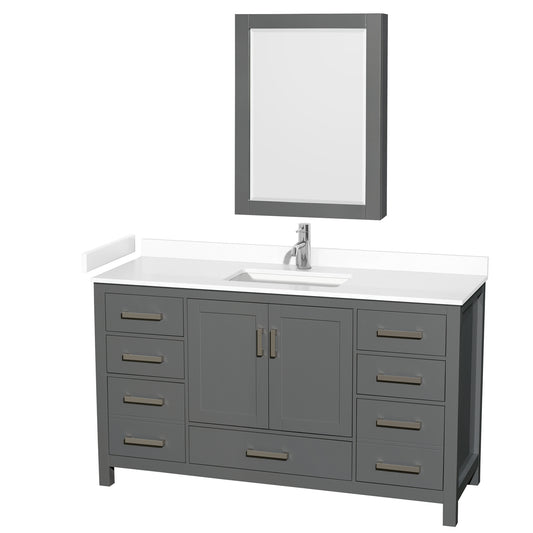 Sheffield 60" Single Vanity in Dark Gray, White Marble Top, Medicine Cabinet