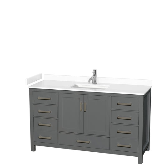Sheffield 60" Single Vanity in Dark Gray, White Marble Top, Square No Mirror