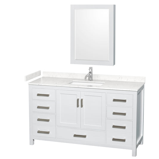 Sheffield 60" Single Vanity in White, Carrara Marble Top, Medicine Cabinet