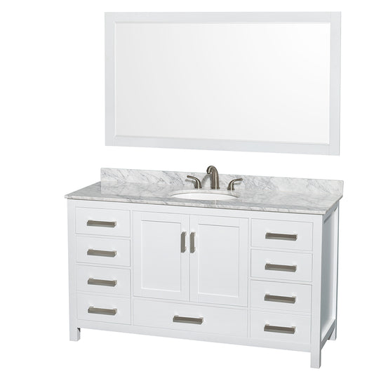 Sheffield 60 inch Single Bathroom Vanity in White, White Carrara Marble Countertop, Undermount Oval Sink, and 58 inch Mirror