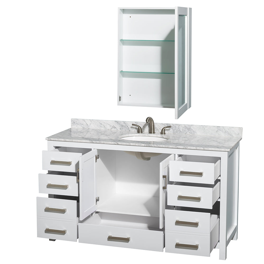 Sheffield 60" Single Vanity in White, Top, Oval Sink, Medicine Cabinet