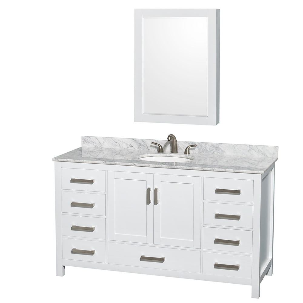 Sheffield 60 inch Single Bathroom Vanity in White, White Carrara Marble Countertop, Undermount Oval Sink, and Medicine Cabinet