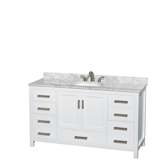 Sheffield 60 inch Single Bathroom Vanity in White, White Carrara Marble Countertop, Undermount Oval Sink, and No Mirror